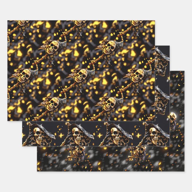 Skull skeleton face black gold pirate theme wrapping paper sheet (Set)