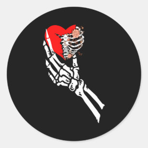 Skull Skeleton Hand Holding Red Heart Love Valenti Classic Round Sticker