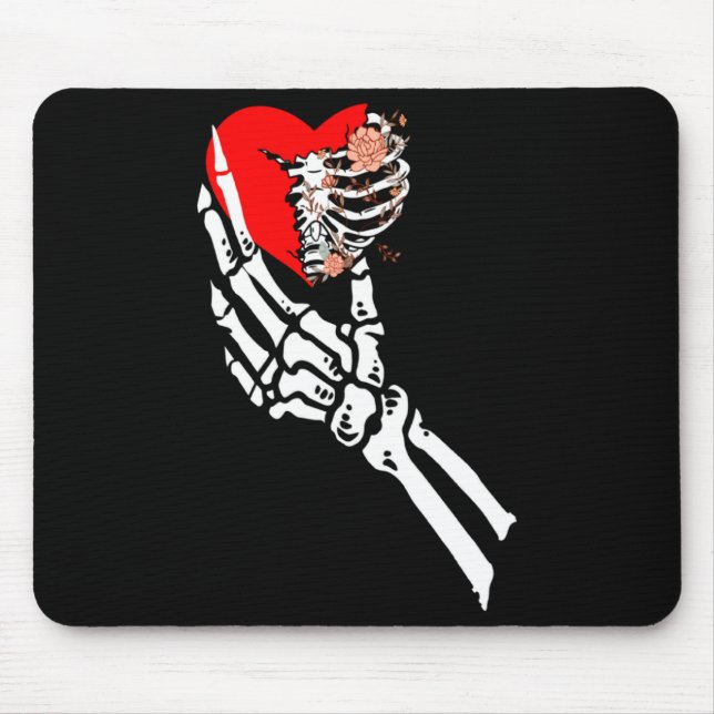 Skull Skeleton Hand Holding Red Heart Love Valenti Mouse Pad (Front)