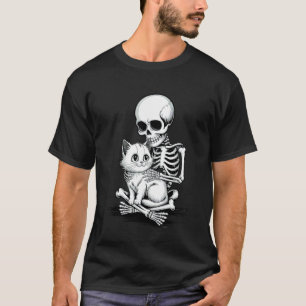 Skull Skeleton Hugging a Cat Halloween Spooky Seas T-Shirt