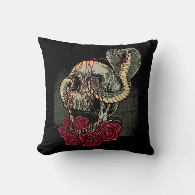 Skull Snake Roses Scary Horror Throw Pillow (Front)