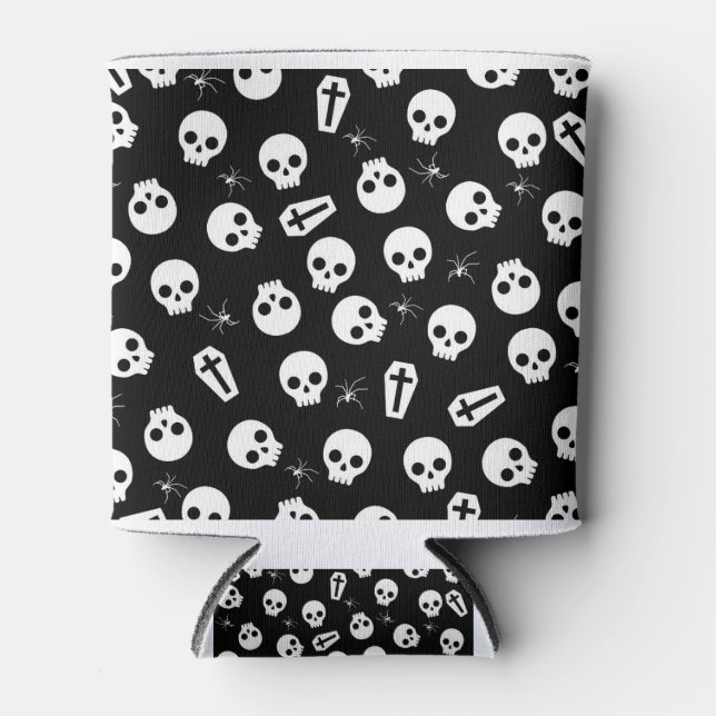 Skull, spider and chest  - Halloween pattern Can Cooler (Front)