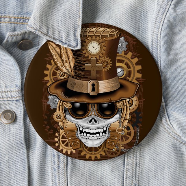 Skull Steampunk Voodoo Retro Machine 6 Inch Round Button (In Situ)