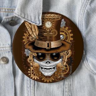 Skull Steampunk Voodoo Retro Machine 6 Inch Round Button