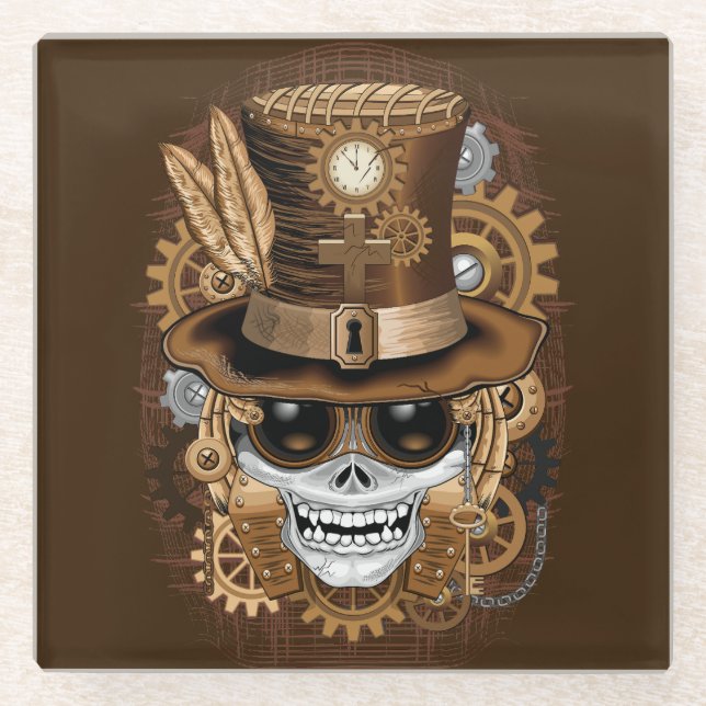 Skull Steampunk Voodoo Retro Machine Glass Coaster (Front)