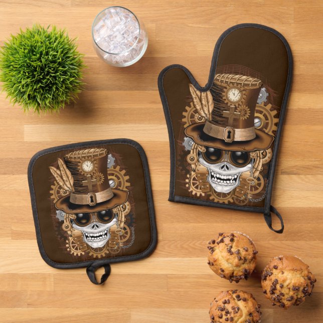 Skull Steampunk Voodoo Retro Machine Oven Mitt & Pot Holder Set (Top Down)