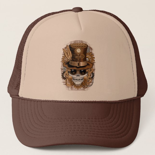 Skull Steampunk Voodoo Retro Machine Trucker Hat (Front)