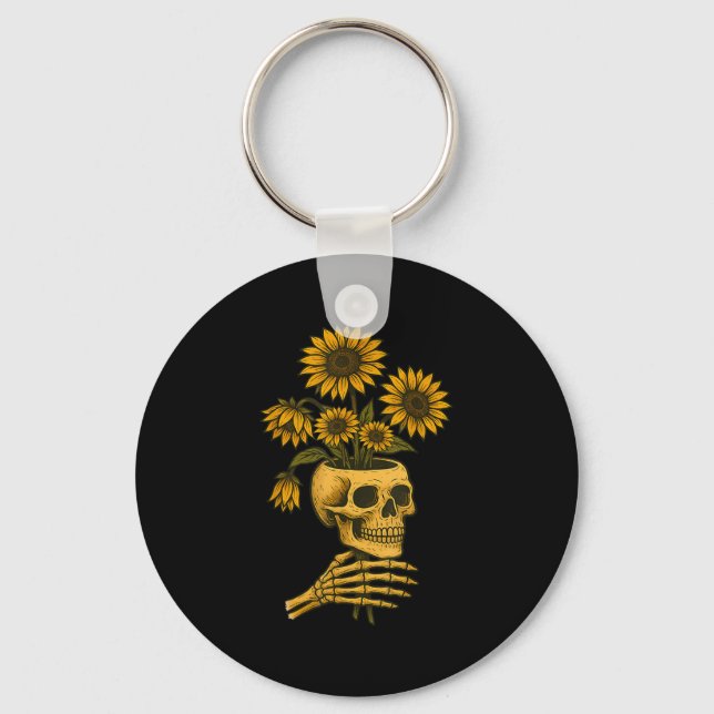 Skull Sunflowers Gothic Goth Creepy Cute Floral  Keychain (Front)