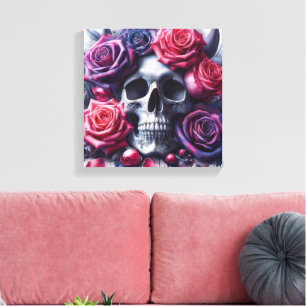 Skull Surrounded by Vibrant Roses Canvas Print