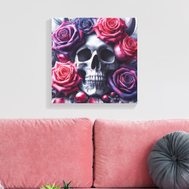 Skull Surrounded by Vibrant Roses Canvas Print (Insitu(LivingRoom))