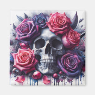 Skull Surrounded by Vibrant Roses Magnet