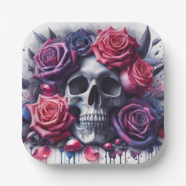 Skull Surrounded by Vibrant Roses Paper Plate (Front)