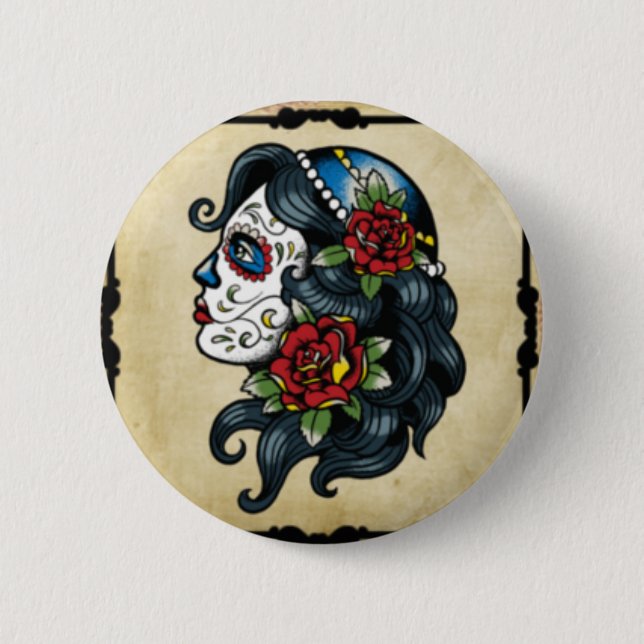skull tattoo girl 2 inch round button (Front)