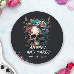 Skull Tattoo Rock and Roll Gothic Wedding Classic Round Sticker<br><div class="desc">Get ready to rock your wedding with this tattoo themed gothic wedding favour sticker! This edgy and moody wedding sticker is perfect for couples who want to add a touch of rock and roll to their special day. The black and white design features intricate skull, roses, flowers, and calligraphy script...</div>
