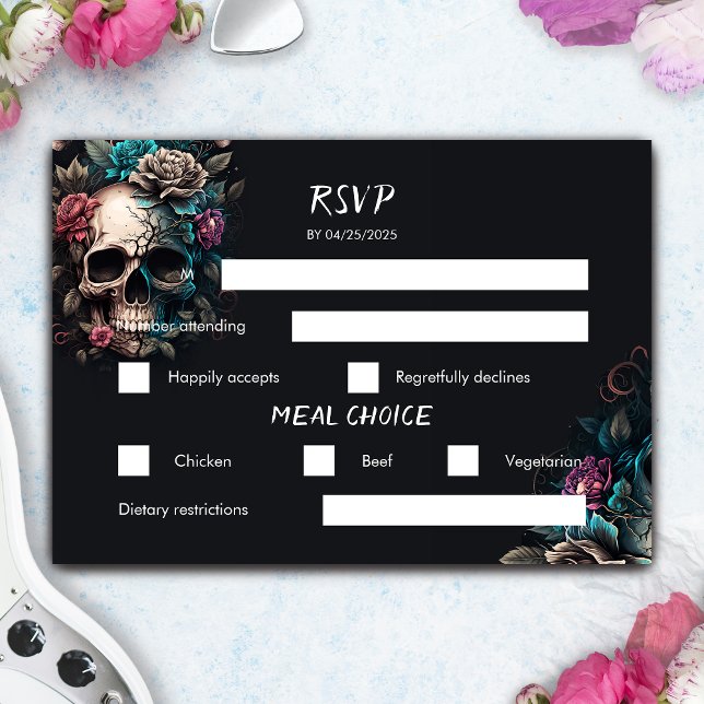 Skull Tattoo Rock and Roll Gothic Wedding RSVP Card (Skull Rock and Roll Wedding Save the Date)