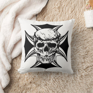Skull thorn crown cross illustration art Throw Pillow
