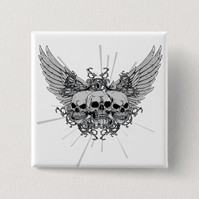 Skull ~ Three Skulls Wings Winged 2 Inch Square Button (Front)
