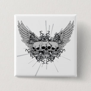Skull ~ Three Skulls Wings Winged 2 Inch Square Button