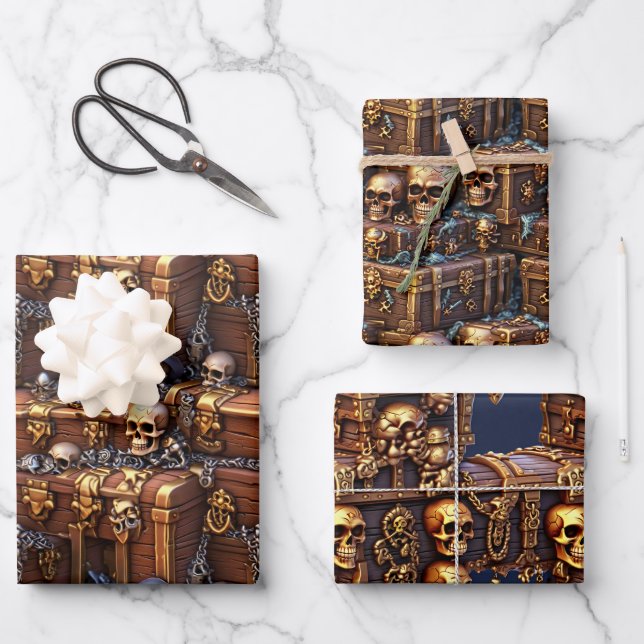 Skull treasure chest 3D brown gold pirate theme Wrapping Paper Sheet (Front)