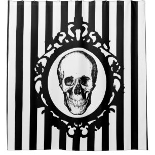 Skull Victorian Cameo Black & White Stripes Print