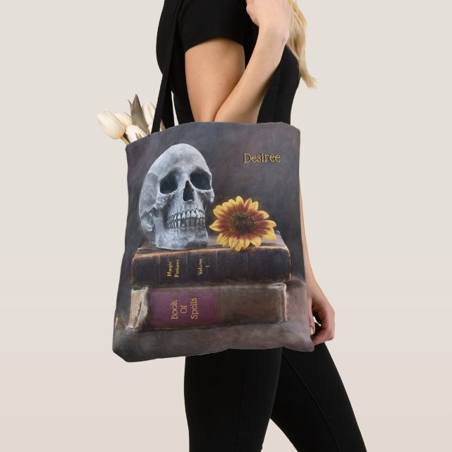 Skull Vintage Books Yellow Sunflower Gothic Tote Bag (Close Up)
