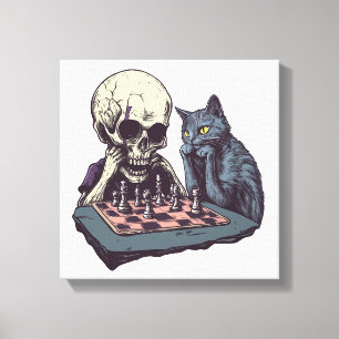 Skull vs Cat � Funny Chess Battle Canvas Print