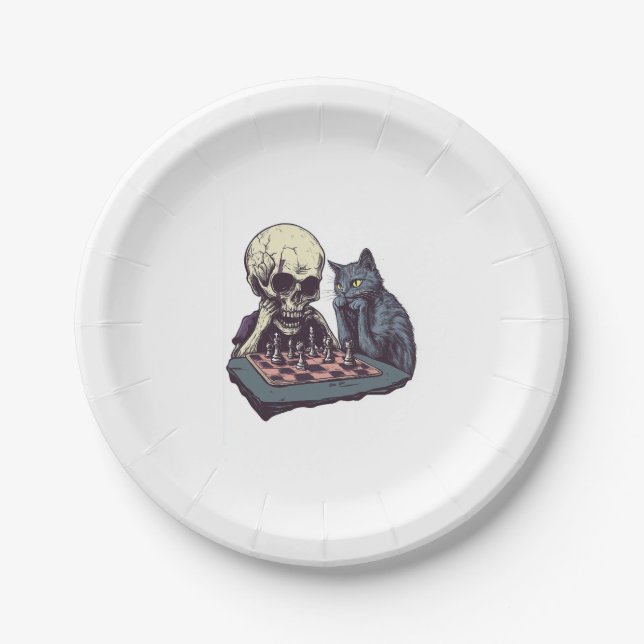 Skull vs Cat � Funny Chess Battle Paper Plate (Front)