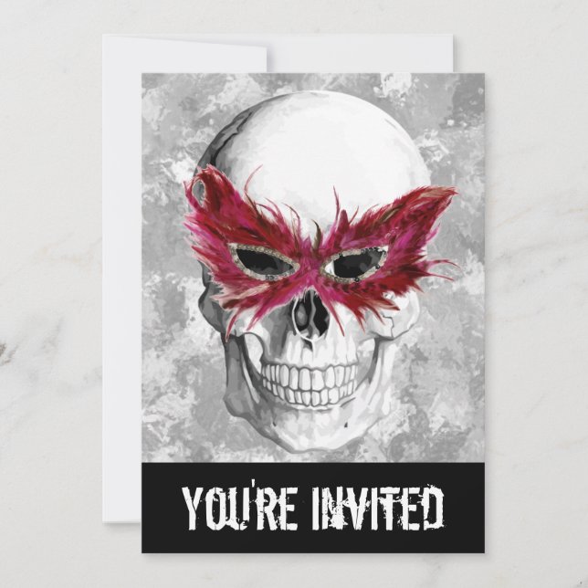 Skull wearing feather mask invitation (Front)