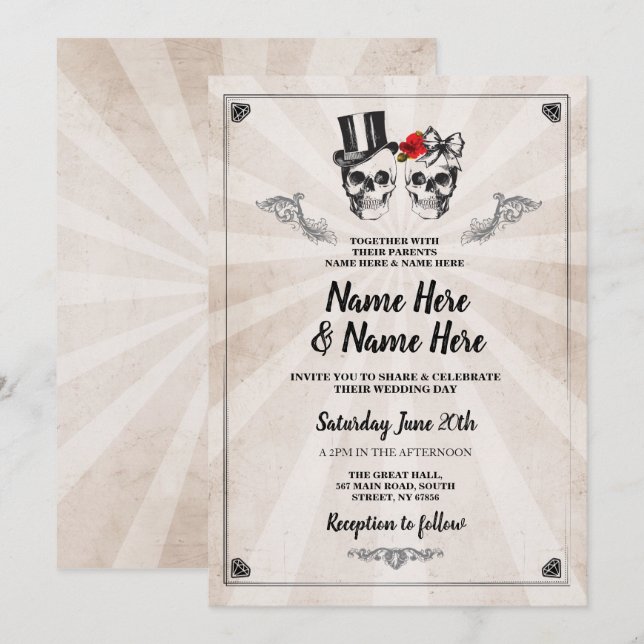 Skull Wedding Halloween Gothic Cream Invite (Front/Back)