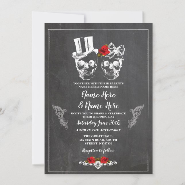Skull Wedding Halloween Roses Gothic Floral Invite (Front)