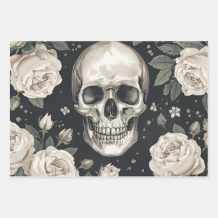 Skull White Rose Wrapping Paper Set of 3 Gothic Fl
