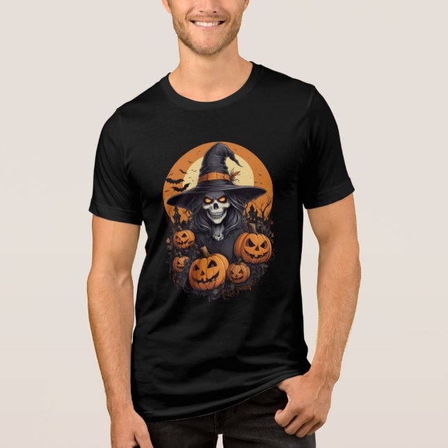 Skull Witch with Pumpkins Halloween Art Tri-Blend Shirt (Front)