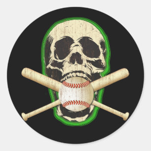 SKULL WITH BASEBALL AND BATS CLASSIC ROUND STICKER