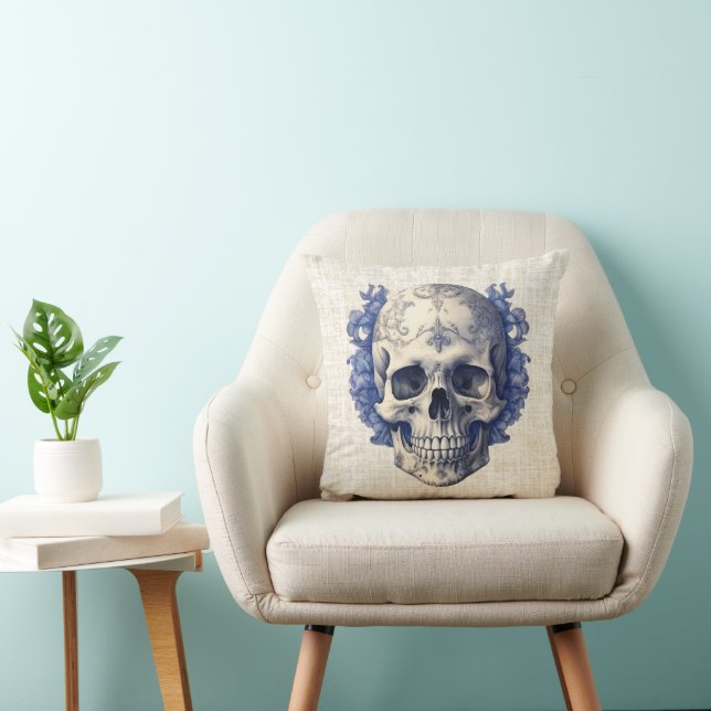 Skull with Blue Flowers Burlap Halloween Throw Pillow (Chair)