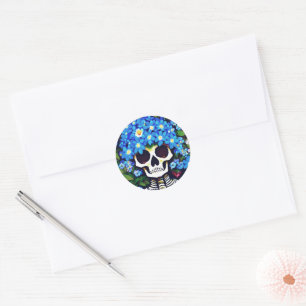 Skull with Blue Forget-me-not Flowers Classic Round Sticker