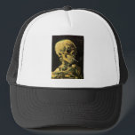 Skull with Burning Cigarette by Vincent van Gogh Trucker Hat<br><div class="desc">Skull with Burning Cigarette by Vincent van Gogh is a vintage fine art post impressionism still life painting. A portrait of human skeleton smoking. Great image to use for anti-smoking products. Smoking kills 1, 000s every year, help someone to quit smoking today. Great image for Halloween or Día de los...</div>