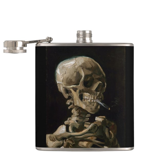 Skull with Burning Cigarette Vincent van Gogh Art Hip Flask (Opened)
