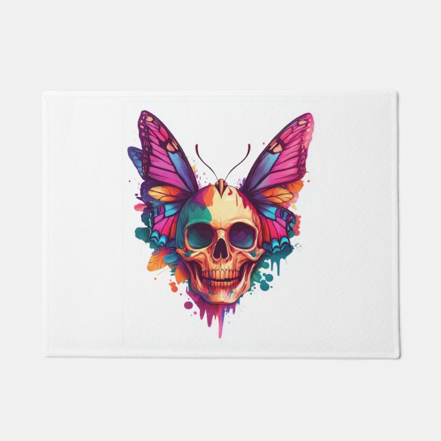 Skull with Butterfly Wings Doormat (Front)