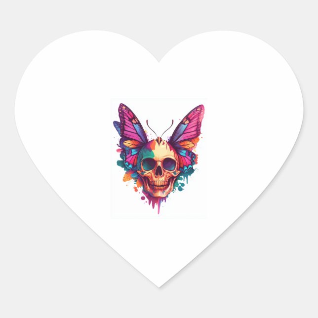 Skull with Butterfly Wings Heart Sticker (Front)
