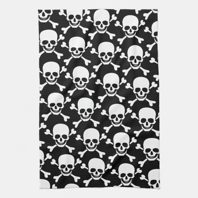 Skull with cross bones skull on black background kitchen towel (Vertical)