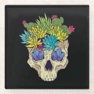 Skull with Crystals and Succulents Glass Coaster