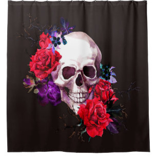 Skull with dark flowers branches and red roses sea