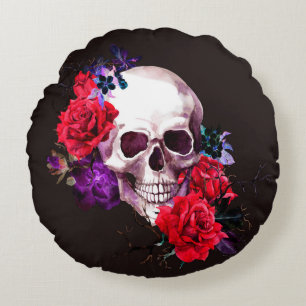 Skull with dark flowers branches and red roses sea round pillow