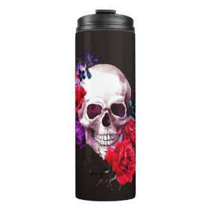 Skull with dark flowers branches and red roses sea thermal tumbler