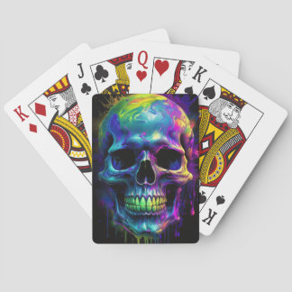 Skull with dripping rainbow paint playing cards