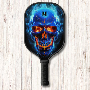 Skull with Flames Black Blue Modern Monogram Pickleball Paddle