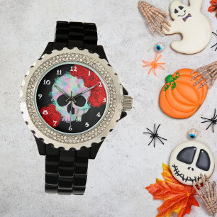 Skull with Flowers Design Wrist Watch
