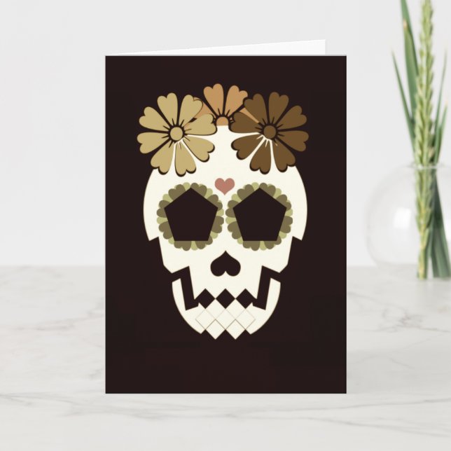 Skull With Flowers Sepia Greeting Card (Front)