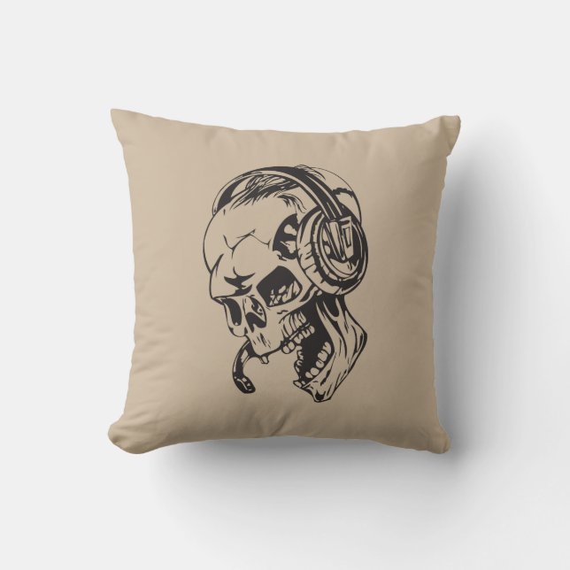 Skull With Headphone Throw Pillow (Front)
