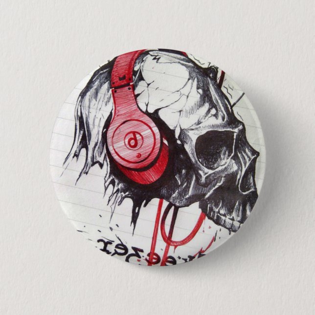 Skull with Headphones Design 2 Inch Round Button (Front)